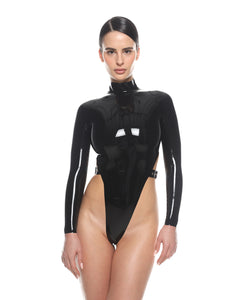 Sexy Women Black Bodysuit Glossy Tight Fitting Black Latex
